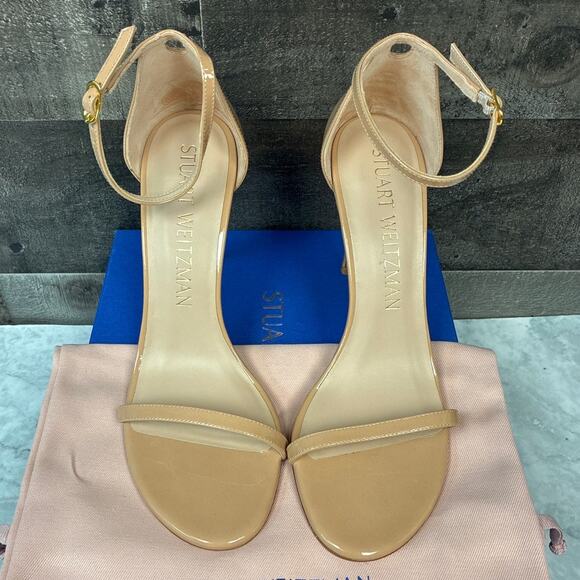 Stuart Weitzman Women's 9.5M Nudistsong Adobe Patent Leather Heel Sandals LB4-17 - Picture 2 of 6